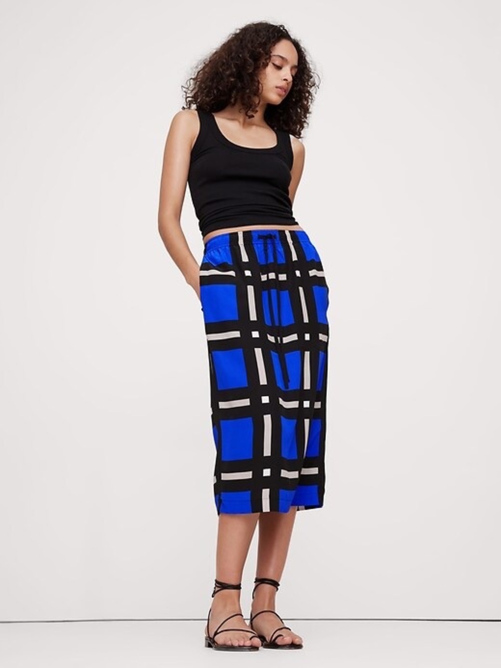 Banana Republic Plaid Matte Silk Midi Skirt Windowpane Lightweight NWT M